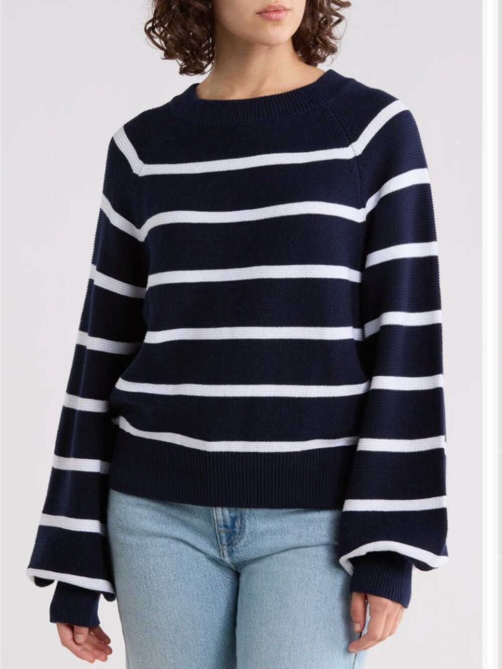 NWT French Connection Mozart Stripe Balloon Sleeve Sweater X-Large, NAVY/ WHITE